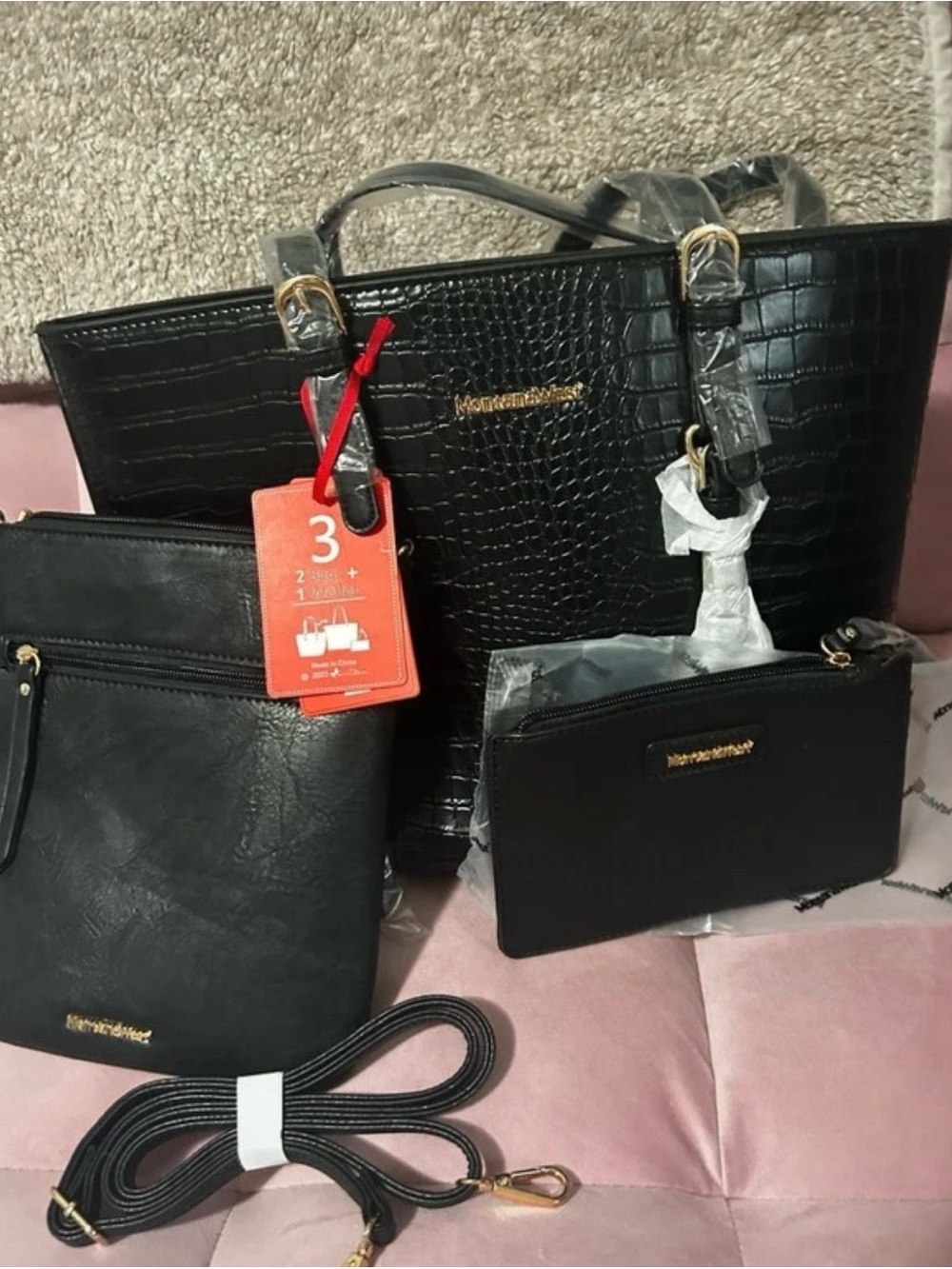 Montana West Black Croc 3 Piece Tote Crossbody Wallet Set NWT